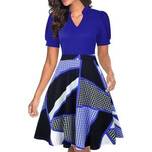 Women Blue Pattern Short Puff Sleeve Flare Semi-Formal Summer Dress With Pockets
